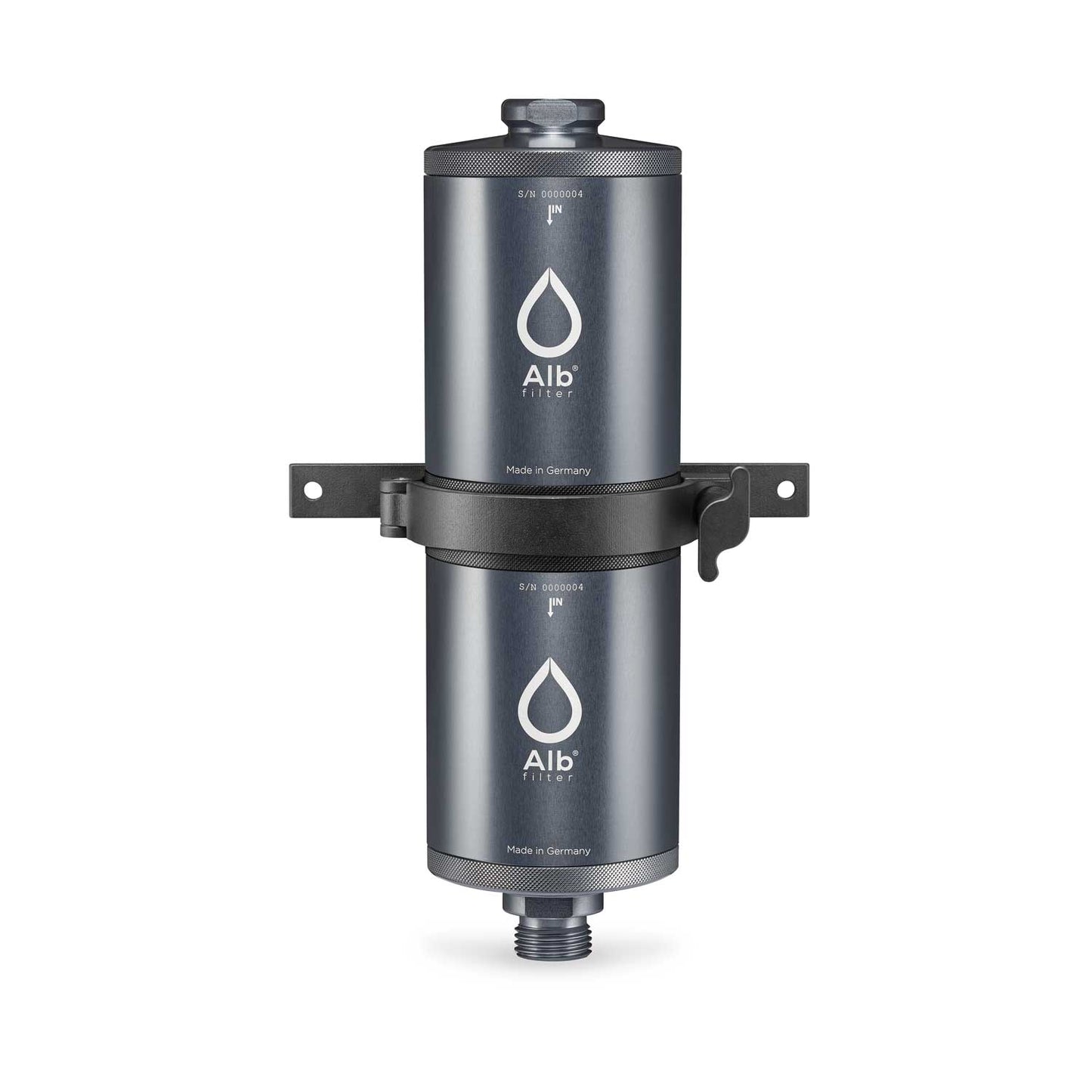 Wandhalterung mit Alb Doppelstufen Wasserfilter aus einer lebensmittelechten Legierung.