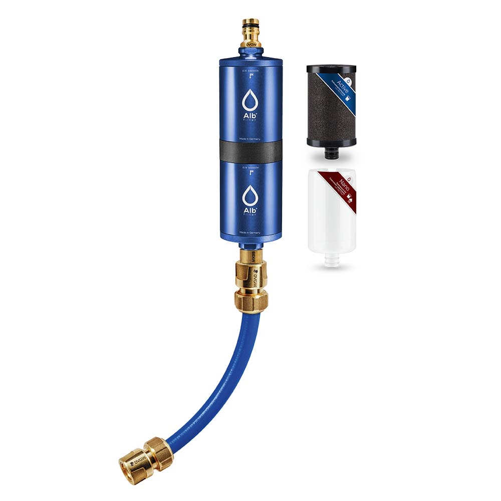 Alb Filter Mobil Fusion Set in der Farbe Blau. Inkl. Anschlussset sowie Active und Nano Kartusche