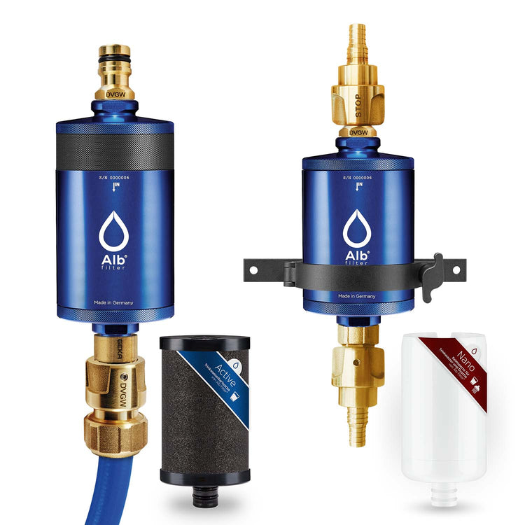 Wasserfilter für das Wohnmobil. Kombination Externe Betankung und Festeinbau. Farbe Blau
