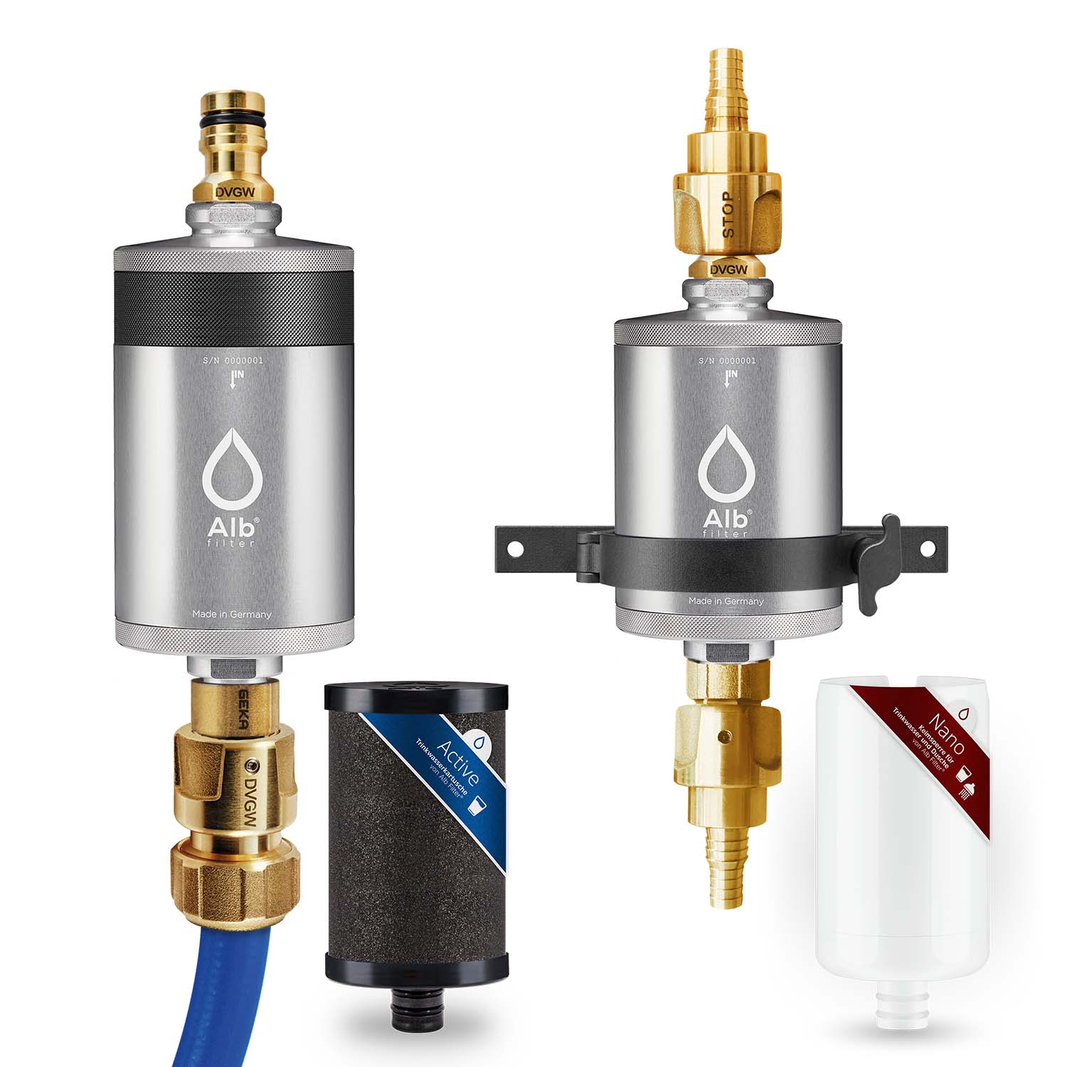 Wasserfilter für das Wohnmobil. Kombination Externe Betankung und Festeinbau. Farbe Silber